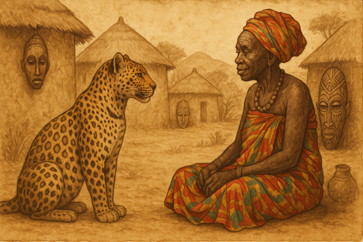 Leopard before wise Kongo elder village backdrop Angola folklore