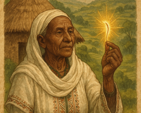 Oromo healer holding golden leopard whisker in highlands village Ethiopia folklore