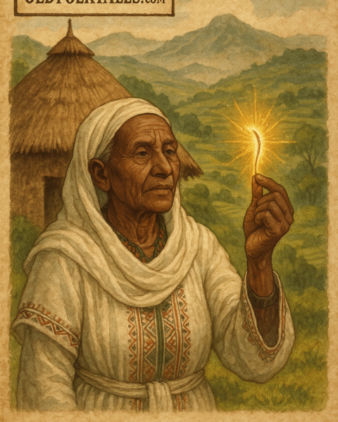 Oromo healer holding golden leopard whisker in highlands village Ethiopia folklore