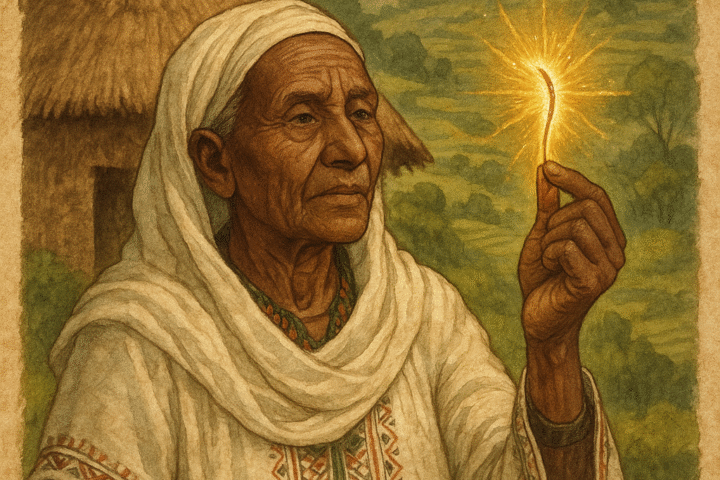Oromo healer holding golden leopard whisker in highlands village Ethiopia folklore