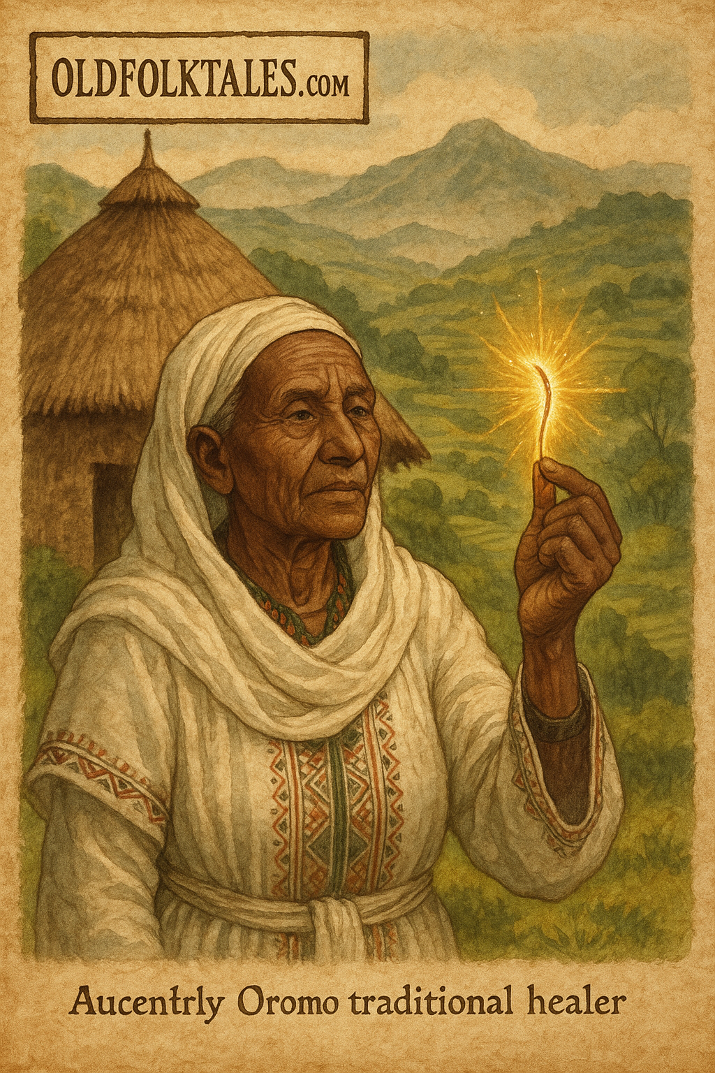 Oromo healer holding golden leopard whisker in highlands village Ethiopia folklore