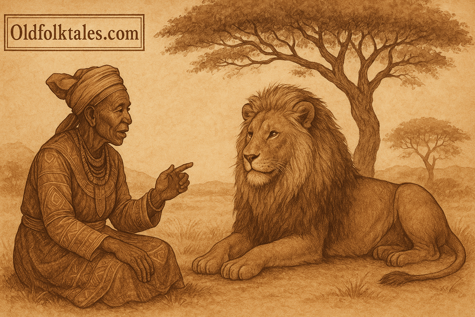 Herero elder speaking with lion under acacia tree Namibia folklore