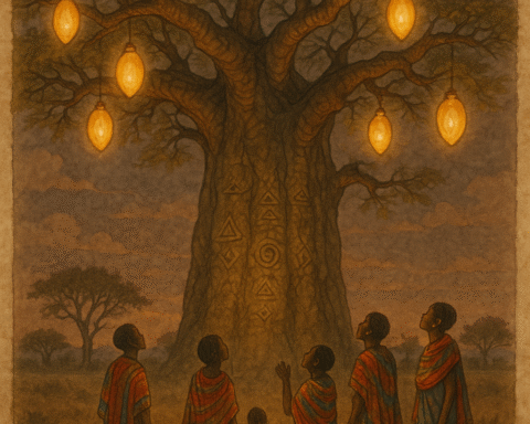 Glowing magical tree surrounded by Shona villagers Zimbabwe folklore
