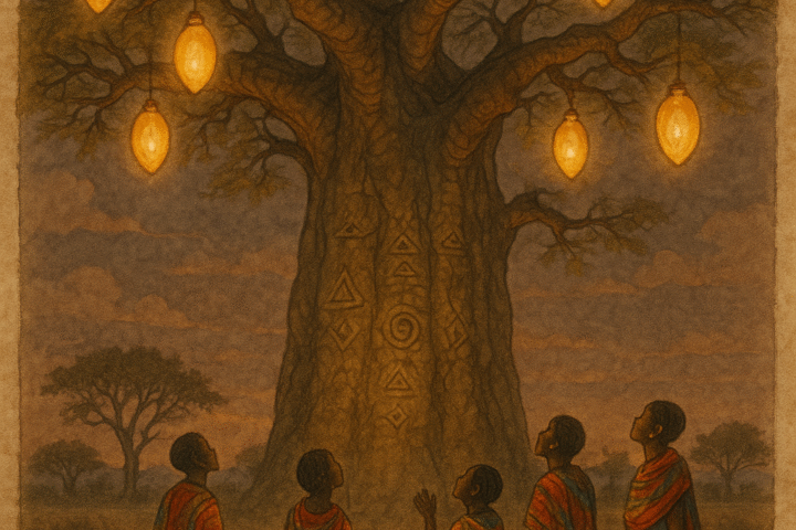 Glowing magical tree surrounded by Shona villagers Zimbabwe folklore