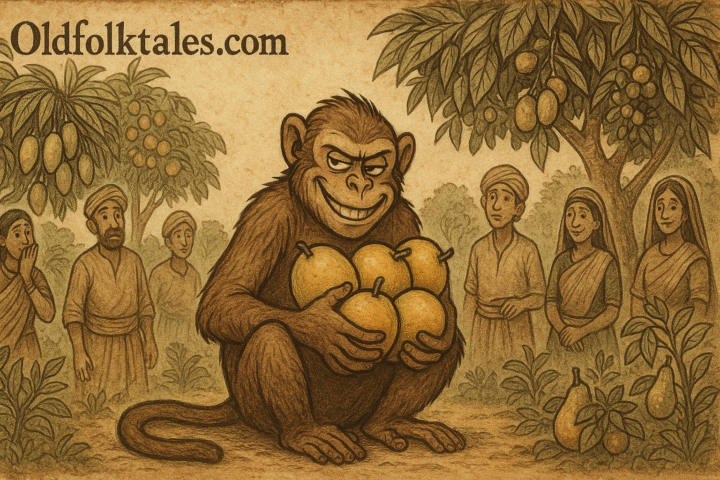 Monkey holding mangoes in tropical village Sanga folklore Central African Republic