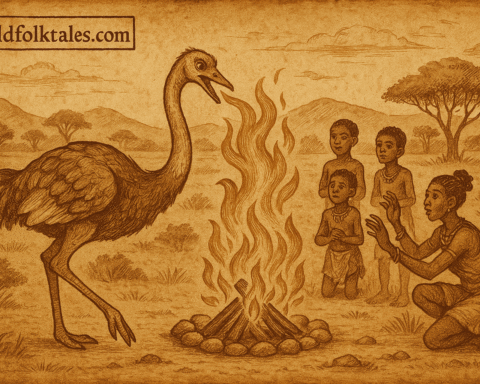 Ostrich stealing fire from camp Nama folklore Namibia