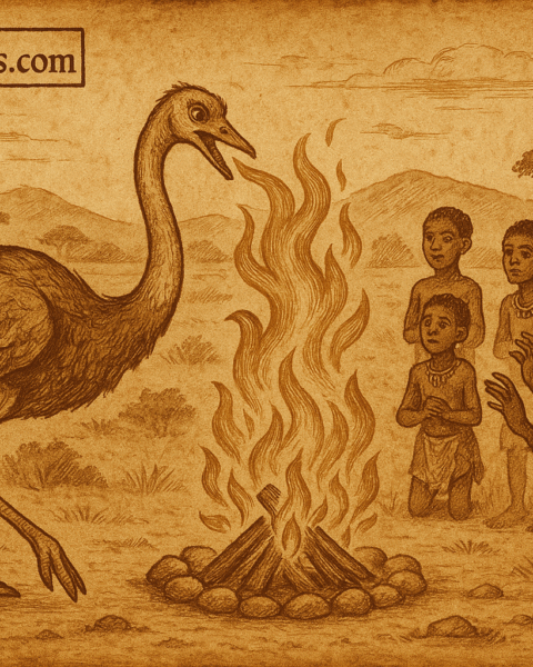 Ostrich stealing fire from camp Nama folklore Namibia