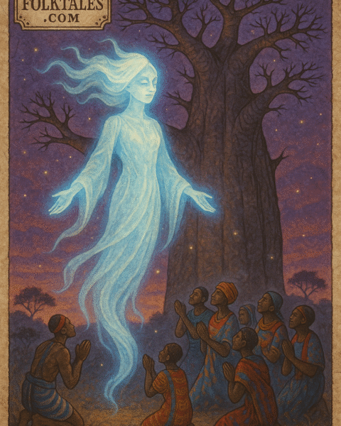 Spirit emerging from baobab tree at twilight Tsonga folklore Mozambique