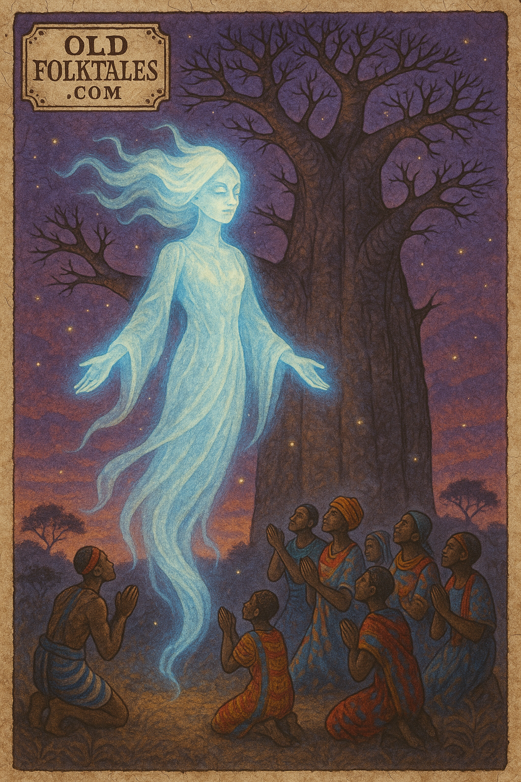 Spirit emerging from baobab tree at twilight Tsonga folklore Mozambique