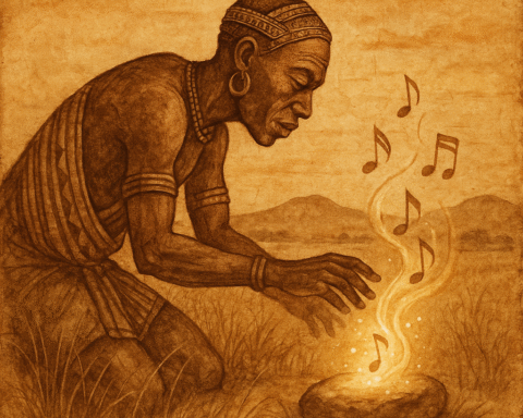 Chokwe man discovering singing stone grassland backdrop Angola folklore