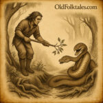 A West African hunter freeing animals from a hole, with Snake offering medicine.