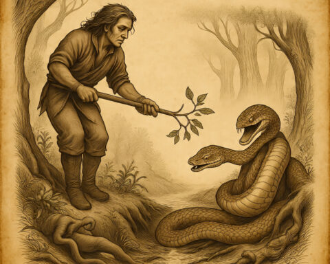 A West African hunter freeing animals from a hole, with Snake offering medicine.