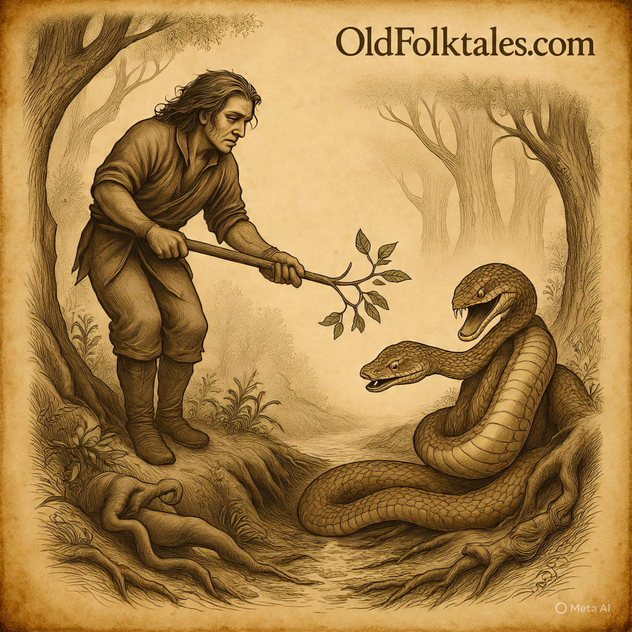 A West African hunter freeing animals from a hole, with Snake offering medicine.