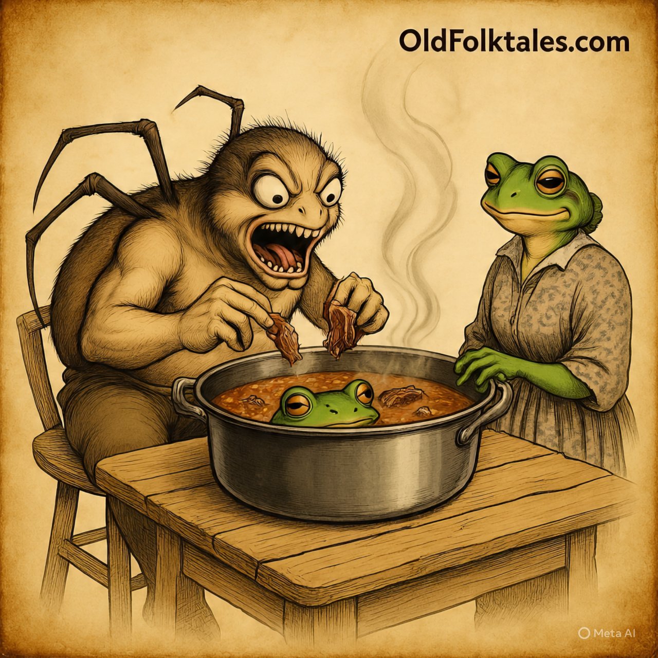 WhatsApp Image 2025-08-25 at 74428 PM | FolktalesAfrica.com Frog hiding in stew while Spider eats greedily, West African folktale.