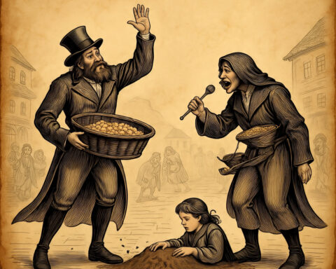 Two magicians competing, one making food vanish, the other singing as his daughter sinks into the earth, West African folktale.