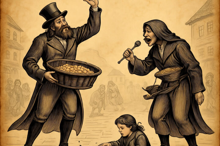 Two magicians competing, one making food vanish, the other singing as his daughter sinks into the earth, West African folktale.