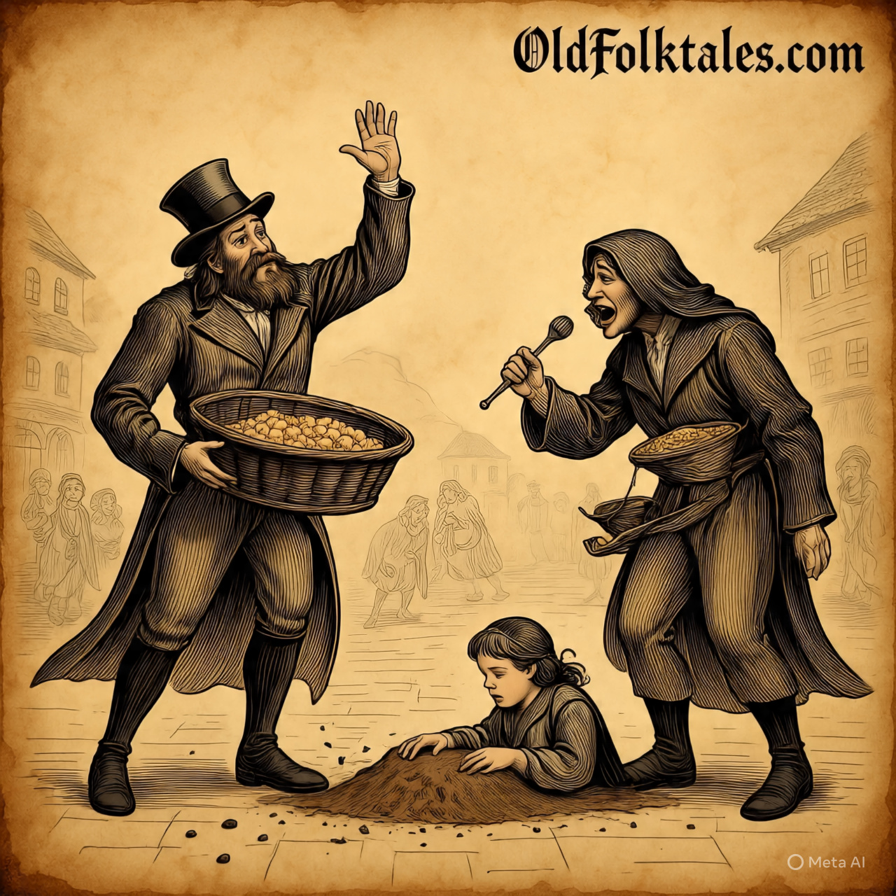 Two magicians competing, one making food vanish, the other singing as his daughter sinks into the earth, West African folktale.