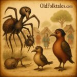 Spider holding a stinking mouse while Coucal looks on, villagers laughing, West African folktale.
