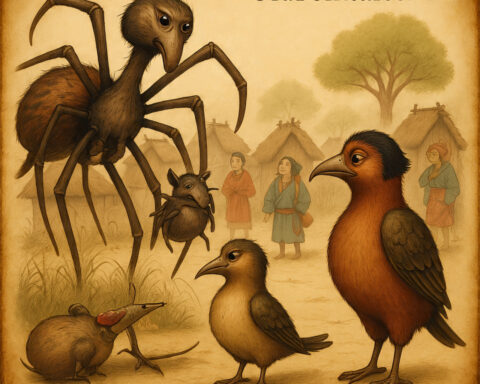 Spider holding a stinking mouse while Coucal looks on, villagers laughing, West African folktale.