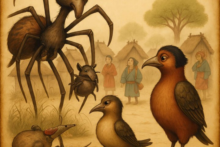 Spider holding a stinking mouse while Coucal looks on, villagers laughing, West African folktale.