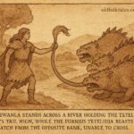 Parchment-style illustration of Sewanla holding Tetelidja’s tail by a river, Dahomey folktale origin.