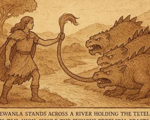 Parchment-style illustration of Sewanla holding Tetelidja’s tail by a river, Dahomey folktale origin.