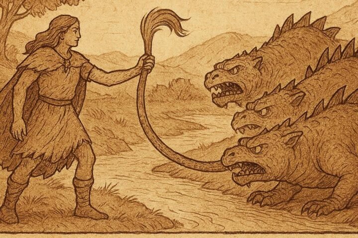 Parchment-style illustration of Sewanla holding Tetelidja’s tail by a river, Dahomey folktale origin.