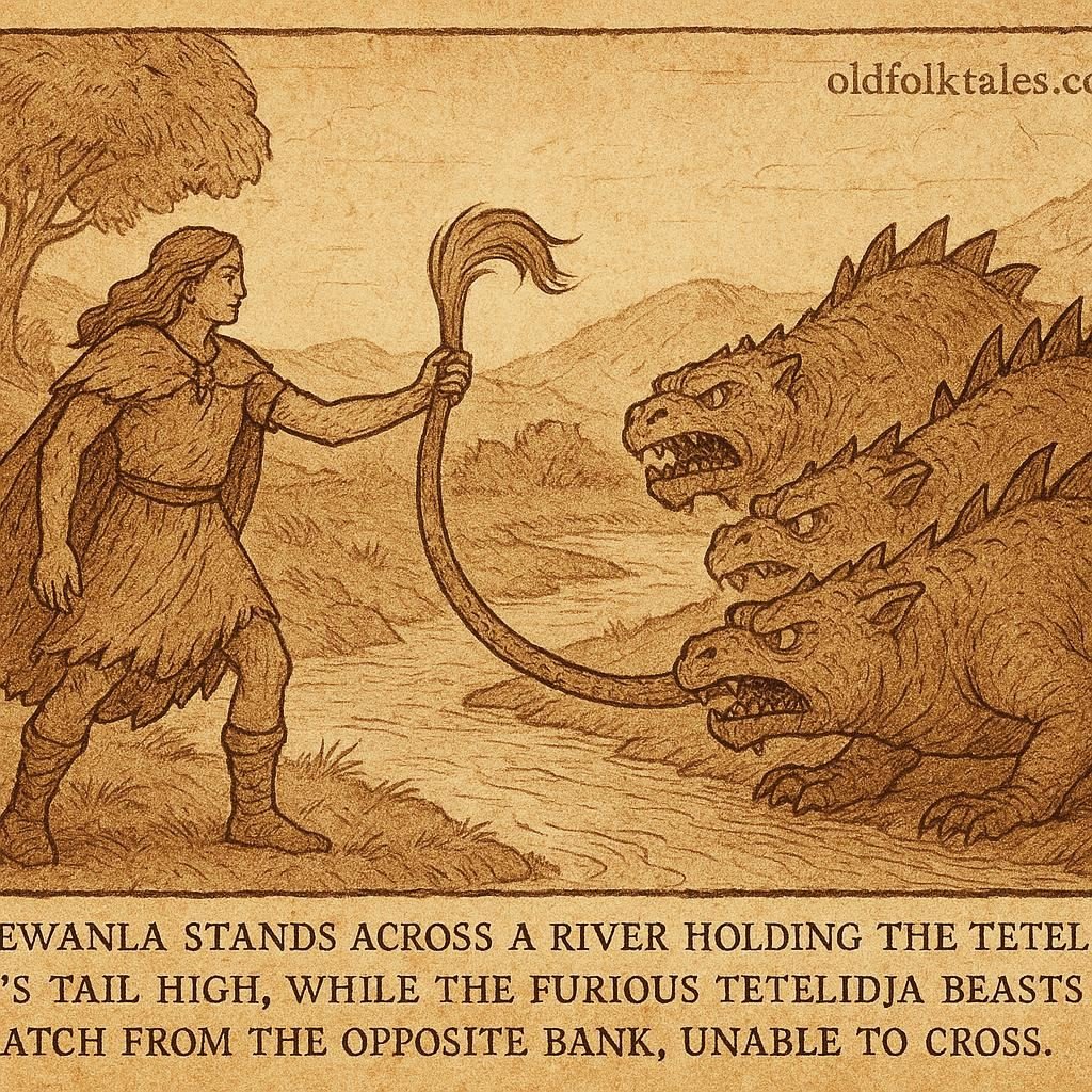 Parchment-style illustration of Sewanla holding Tetelidja’s tail by a river, Dahomey folktale origin.