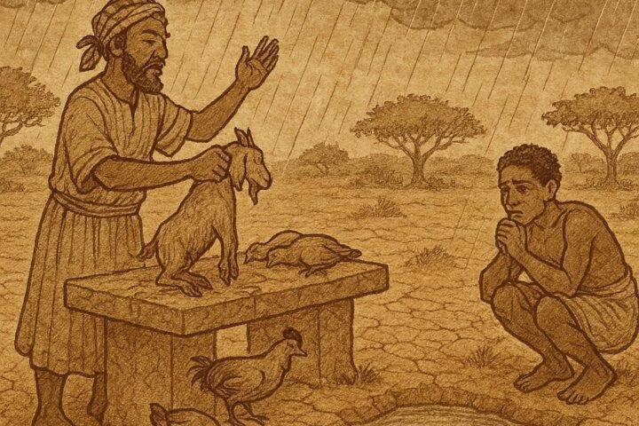 Parchment-style illustration of Kpanuhwele sacrificing goat and chickens while Hweleagon watches; Beninese folktale.