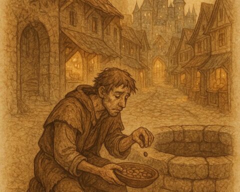Parchment-style illustration of a poor man by a well, magical city below, Ashanti folktale, Ghana.