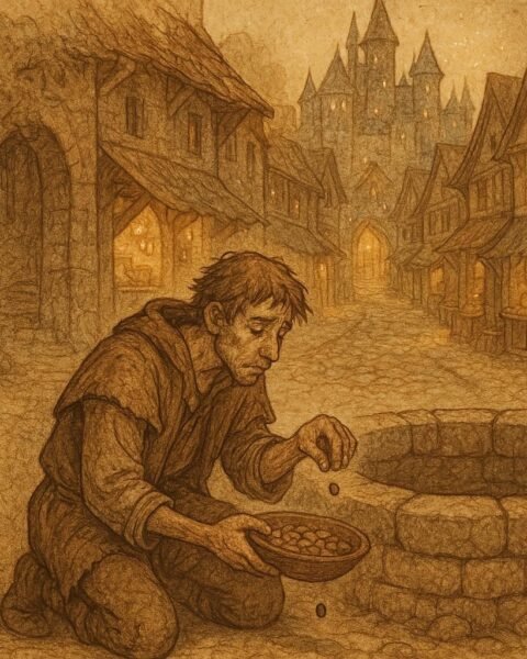 Parchment-style illustration of a poor man by a well, magical city below, Ashanti folktale, Ghana.