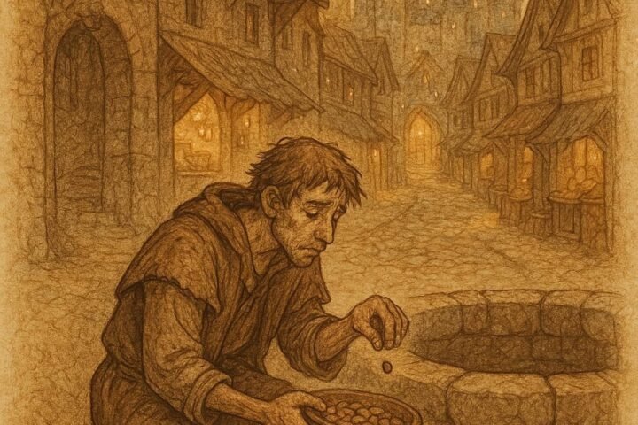 Parchment-style illustration of a poor man by a well, magical city below, Ashanti folktale, Ghana.