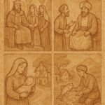 Parchment-style illustration showing key scenes: king, fisherman, mother, wise speaker, Egyptian folktales.