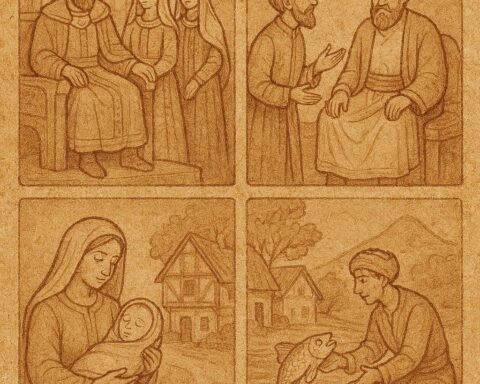 Parchment-style illustration showing key scenes: king, fisherman, mother, wise speaker, Egyptian folktales.