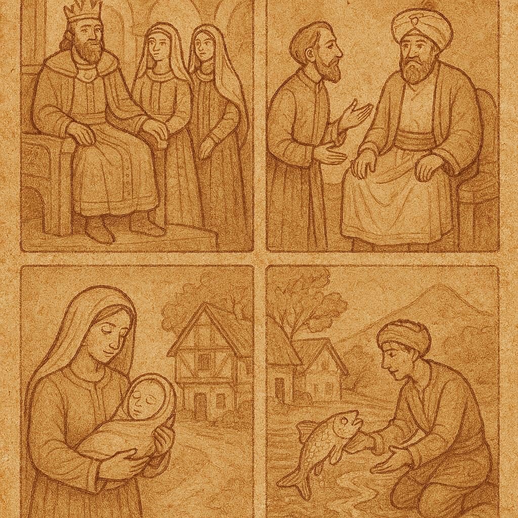 Parchment-style illustration showing key scenes: king, fisherman, mother, wise speaker, Egyptian folktales.