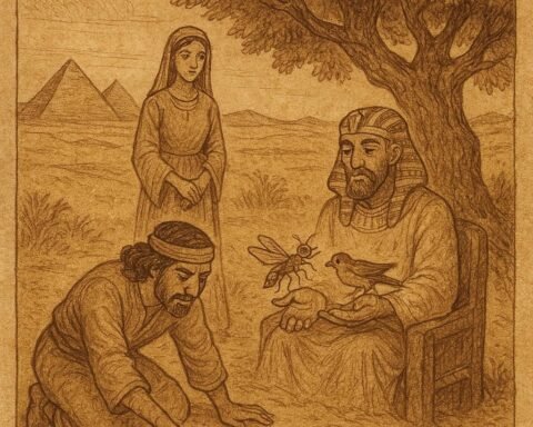 Parchment-style illustration of Garada reading sand for the king, Egyptian folktale scene.