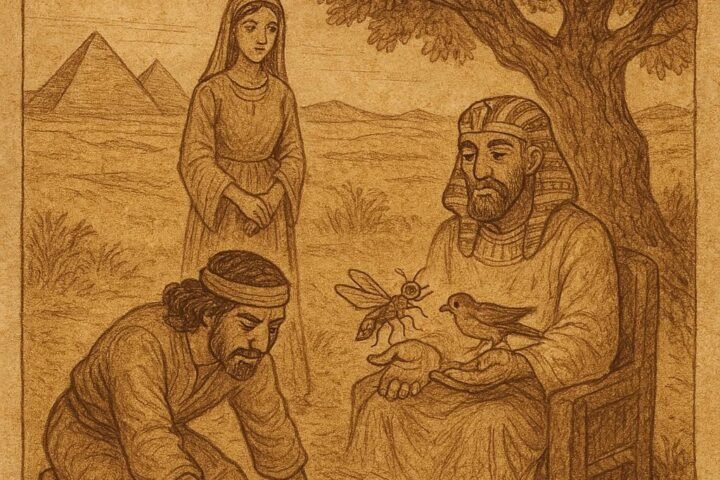 Parchment-style illustration of Garada reading sand for the king, Egyptian folktale scene.