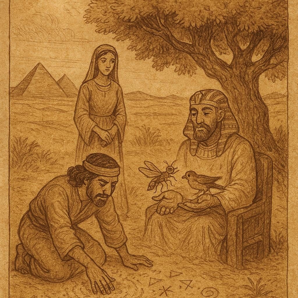 Parchment-style illustration of Garada reading sand for the king, Egyptian folktale scene.