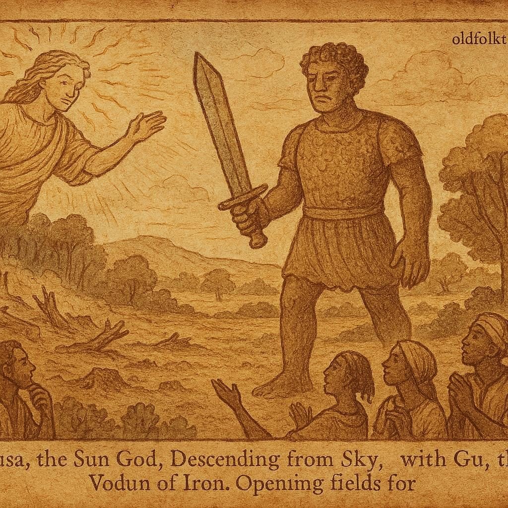 Parchment-style illustration of Lisa and Gu clearing land with a great sword, Dahomey folktale origin.