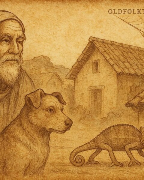 Parchment-style illustration of Dog with Man, Chameleon walking slowly, and Spider in roof; Beninese folktales.