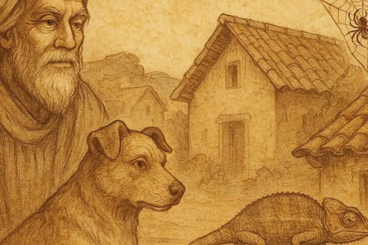 Parchment-style illustration of Dog with Man, Chameleon walking slowly, and Spider in roof; Beninese folktales.