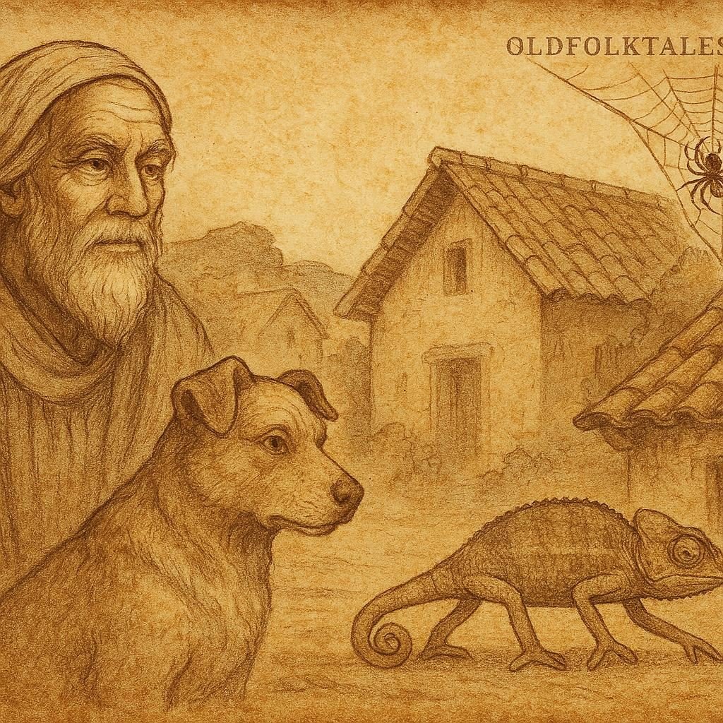 Parchment-style illustration of Dog with Man, Chameleon walking slowly, and Spider in roof; Beninese folktales.