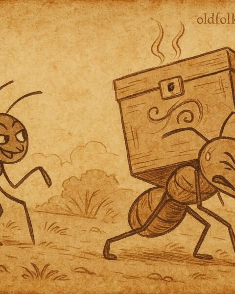 Parchment-style illustration of Anansi tricking Ant into carrying a heavy box, Ashanti folktale from Ghana.