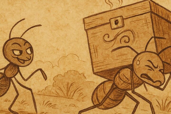 Parchment-style illustration of Anansi tricking Ant into carrying a heavy box, Ashanti folktale from Ghana.