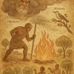 Parchment-style illustration of Sagbata lighting fire, Wututu singing, rain falling, Dahomey origin.