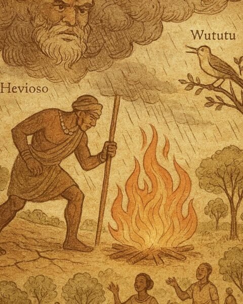 Parchment-style illustration of Sagbata lighting fire, Wututu singing, rain falling, Dahomey origin.