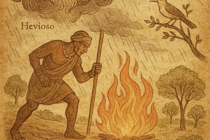 Parchment-style illustration of Sagbata lighting fire, Wututu singing, rain falling, Dahomey origin.