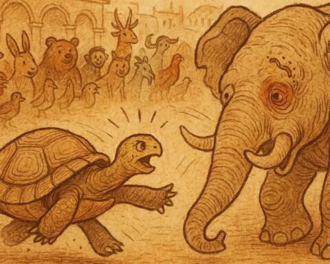 Parchment-style African folktale illustration showing tortoise outsmarting blind elephant in a market-place battle.