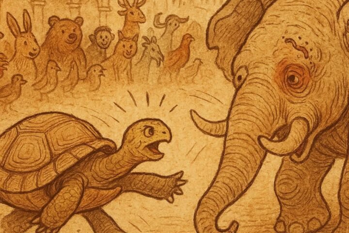 Parchment-style African folktale illustration showing tortoise outsmarting blind elephant in a market-place battle.