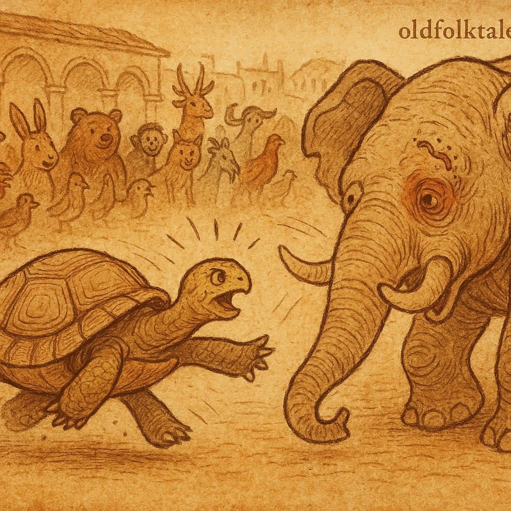 Parchment-style African folktale illustration showing tortoise outsmarting blind elephant in a market-place battle.